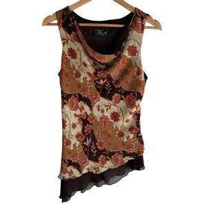 Vintage Y2K 2000s Paisley Sleeveless Top L Brown Neutrals Earthy Boho Cowl EUC